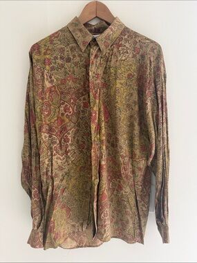 Men's Paisley Button-Up Shirt in Olive and Rust